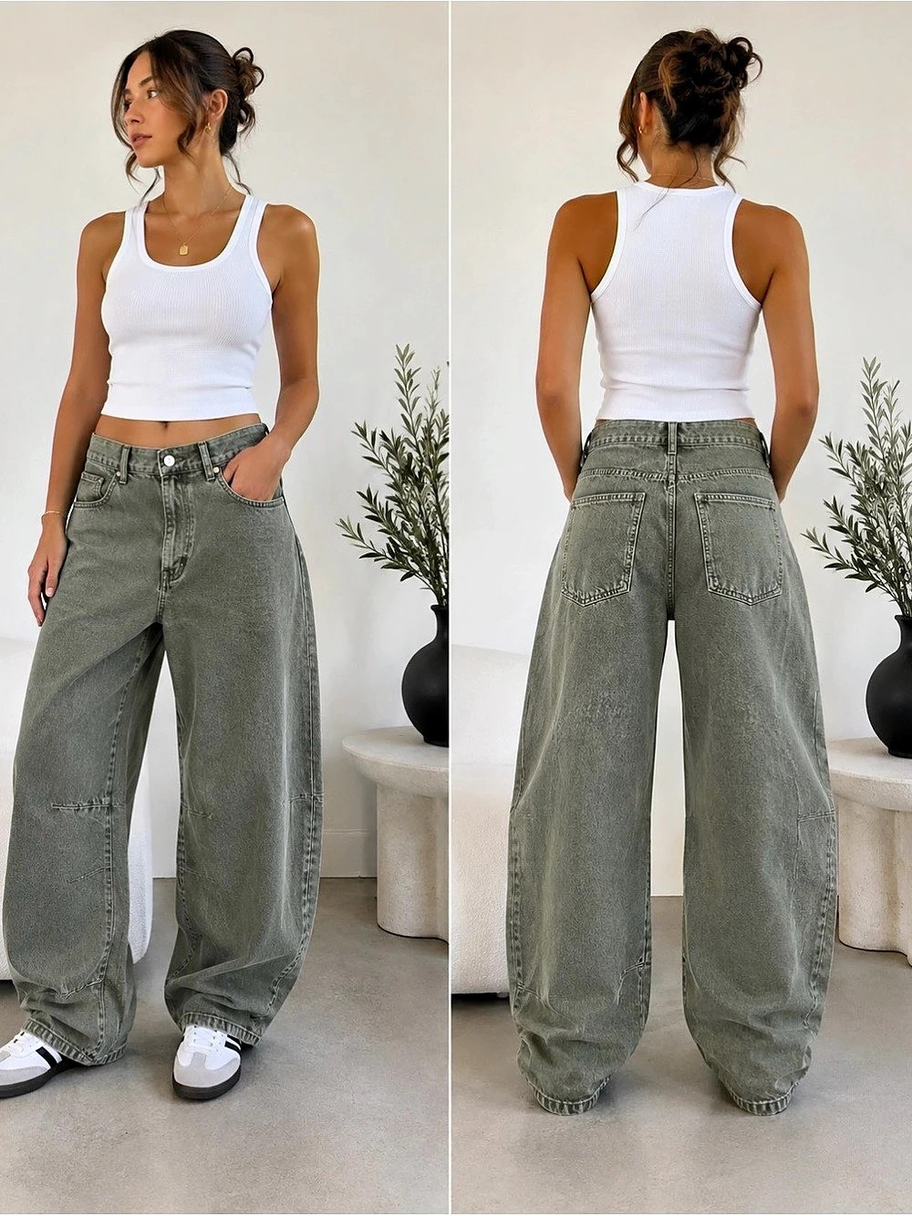 Zara TRF Olive Green Baggy Balloon Barrel Leg Jeans Size 2
